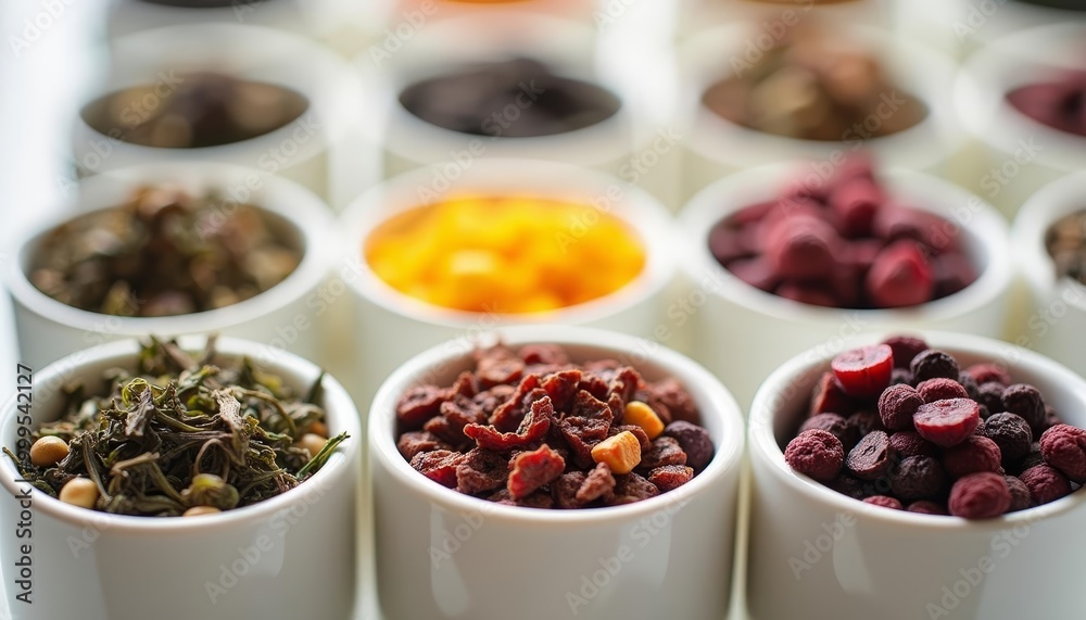A vibrant array of dried fruits and herbs in jars A vibrant array of dried fruits and herbs in jars
