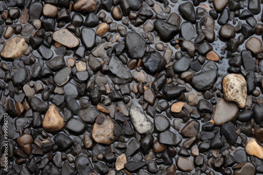 Processed collage of wet pebble stones on asphalt texture. Background for banner, backdrop Processed collage of wet pebble stones on asphalt texture. Background for banner, backdrop