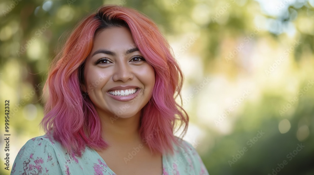 Fototapeta premium Joyful Woman with Vibrant Pink Hair Smiling Outdoors, Diverse Model, Summer Nature Background