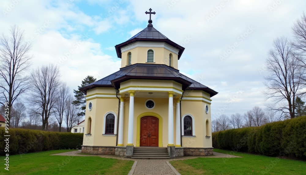 Charming yellow church with a cross on top set against a serene backdrop Charming yellow church with a cross on top set against a serene backdrop