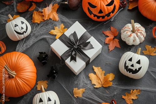 Halloween themed flat lay with gift boxes and decorations photo