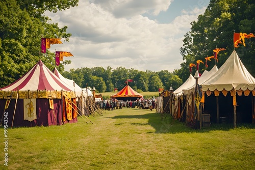 A row of colorful striped tents at a medieval festival, with flags fluttering in the breeze.