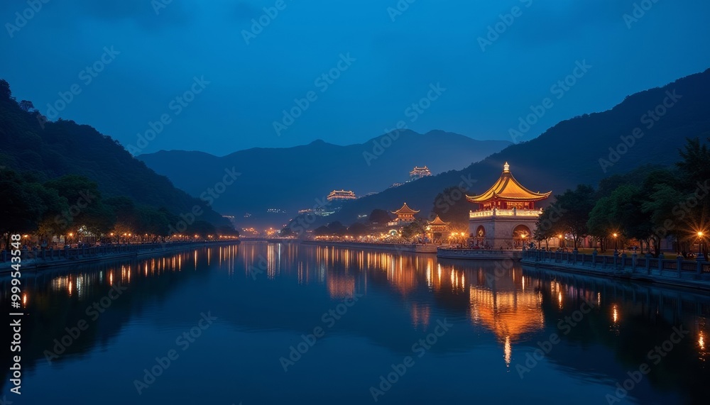Fototapeta premium Enchanting night view of a serene river and illuminated temple