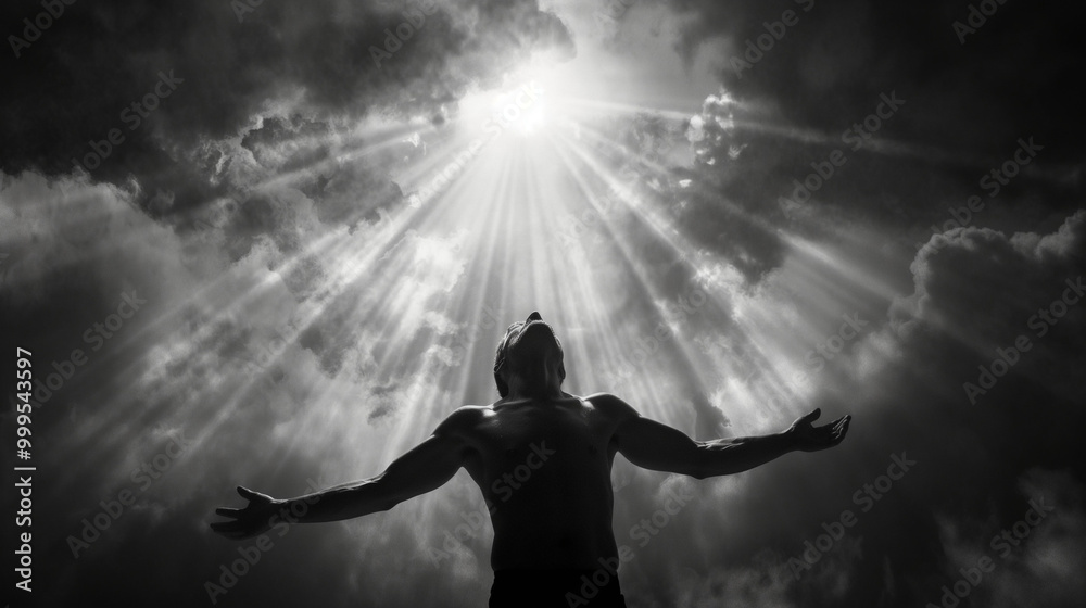 A man stands with his arms outstretched, facing the camera in black and white. He is illuminated by rays of light that emanate from behind him A man stands with his arms outstretched, facing the camera in black and white. He is illuminated by rays of light that emanate from behind him