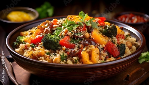 Bowl of quinoa, chickpeas, and roasted vegetables