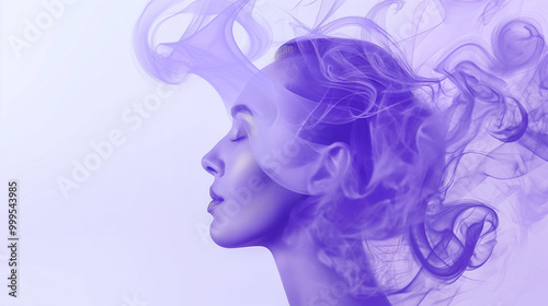 Purple smoke in the shape of a female head profile on a pastel purple background, fluid art with minimalism and elegance.