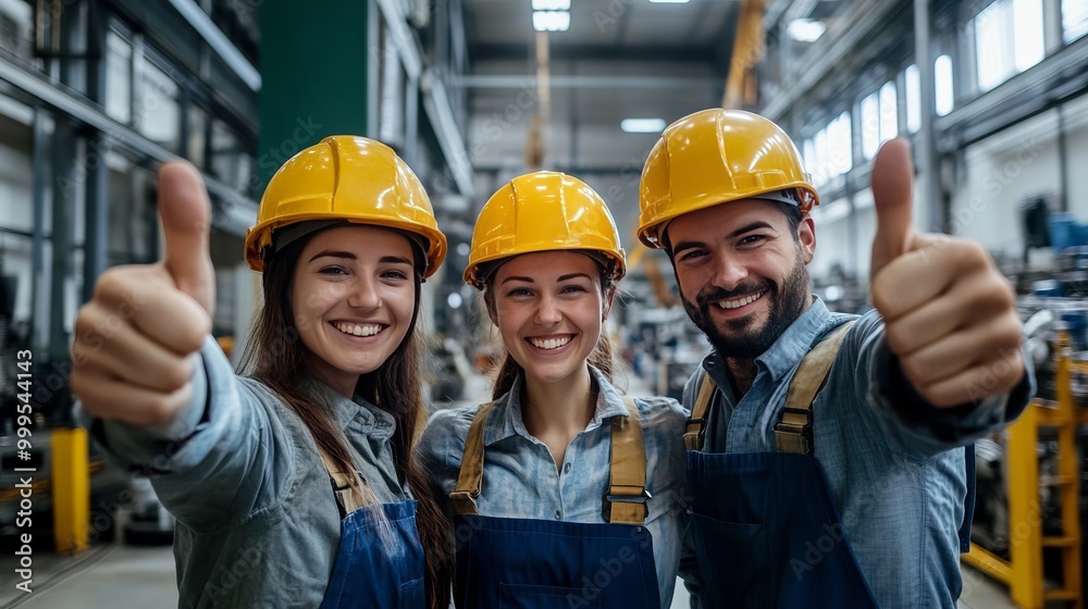 Team of three happy industrial workers girls and men showing thumbs up