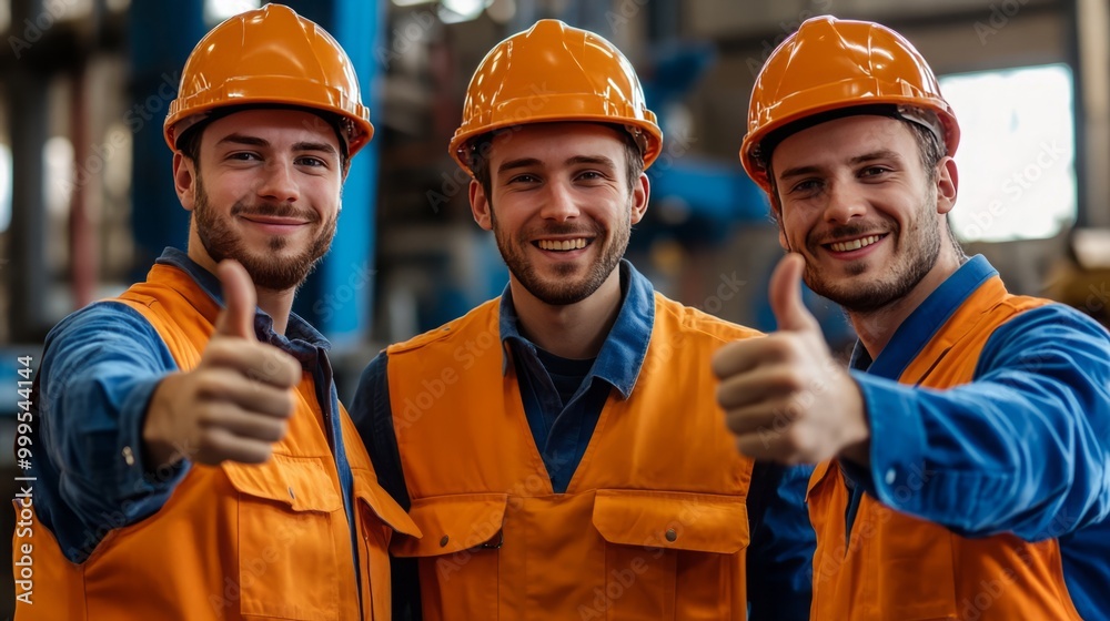 Team of three happy male industrial workers, factory workers in industrial plants showing thumbs up