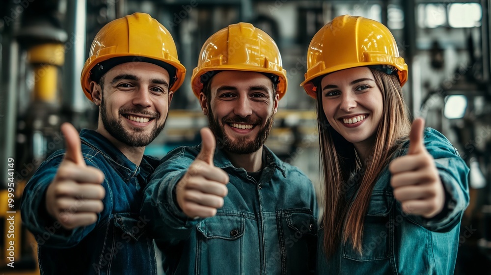 © Rick Cranches - Team of three happy industrial workers men and women factory workers in industrial plants showing thumbs up © Rick Cranches - Team of three happy industrial workers men and women factory workers in industrial plants showing thumbs up