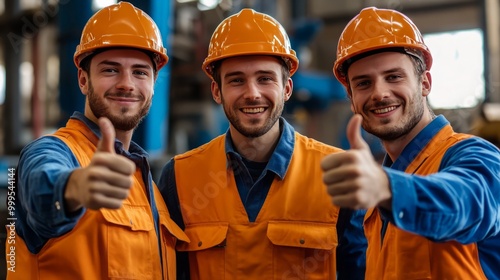 Obraz na płótnie Team of three happy male industrial workers, factory workers in industrial plants showing thumbs up w salonie