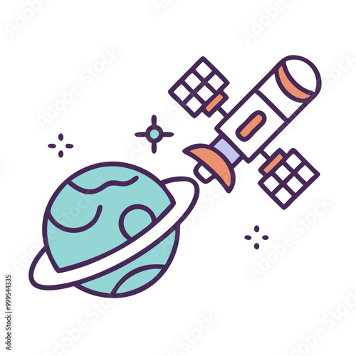 Satellite and planet icon, colorful design, space illustration, modern style, copy space
