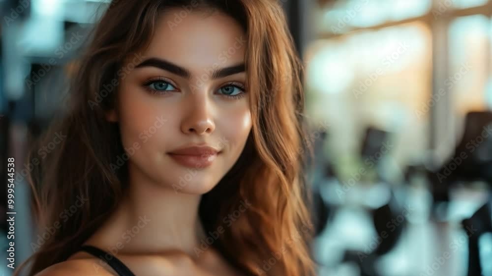 Young woman with long hair and blue eyes poses in gym, showcasing strength and dedication to fitness during daylight Young woman with long hair and blue eyes poses in gym, showcasing strength and dedication to fitness during daylight