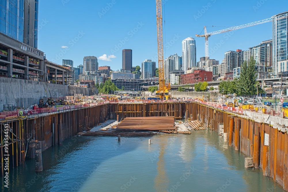 Fototapeta premium Construction Site with City Skyline in the Background