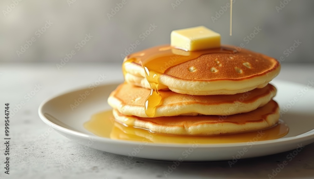  Deliciously stacked pancakes with butter and syrup