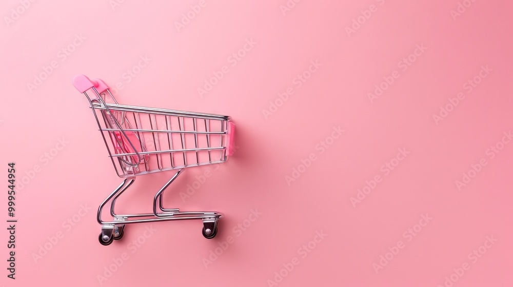 Empty shopping cart on pink background with copy space, top view - online shopping concept