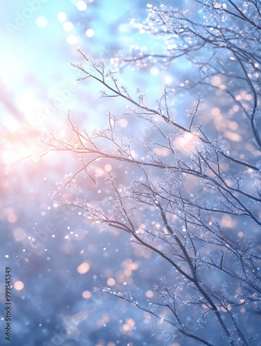 Wintery branches sparkle with ice crystals.