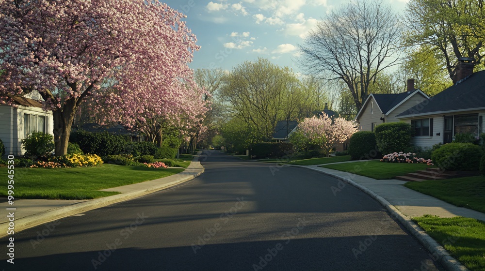 A quiet suburban street lined with blooming trees and houses in the early morning light. A quiet suburban street lined with blooming trees and houses in the early morning light.