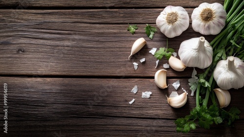 Wallpaper Mural Garlic, parsley, and spring onions on wooden table Torontodigital.ca