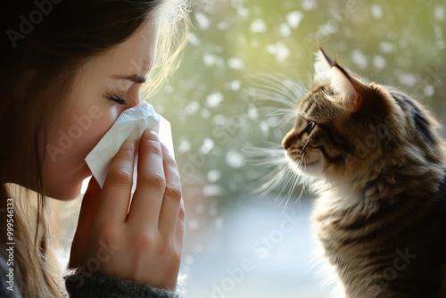 Woman sneezing into tissue while looking at cat, depicting pet allergy reaction