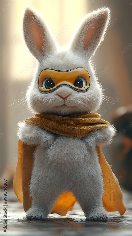 Confident Fluffy Superhero Rabbit in Plush Costume Posing on Yellow Background Confident Fluffy Superhero Rabbit in Plush Costume Posing on Yellow Background