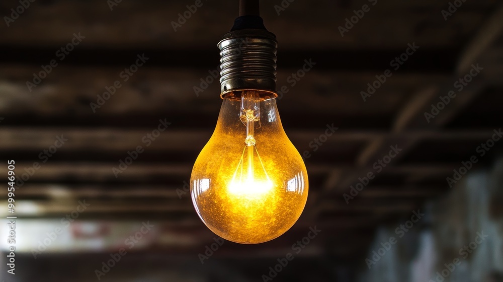 Light bulb on ceiling in old basement or garage yellow incandescent glow Light bulb on ceiling in old basement or garage yellow incandescent glow