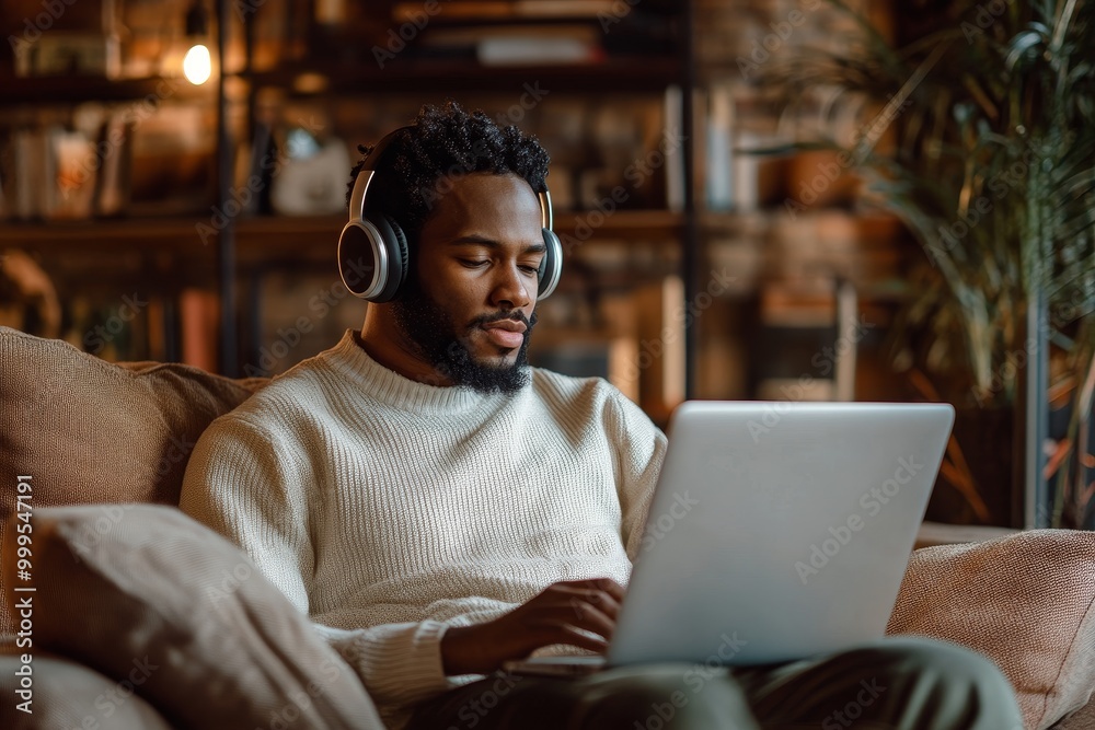 Focused man in white sweater using laptop and wearing headphones, working from home Focused man in white sweater using laptop and wearing headphones, working from home