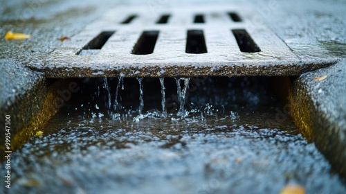 Stormwater street drain during heavy rain. Rain flowing into a storm water sewer system. Color effect.