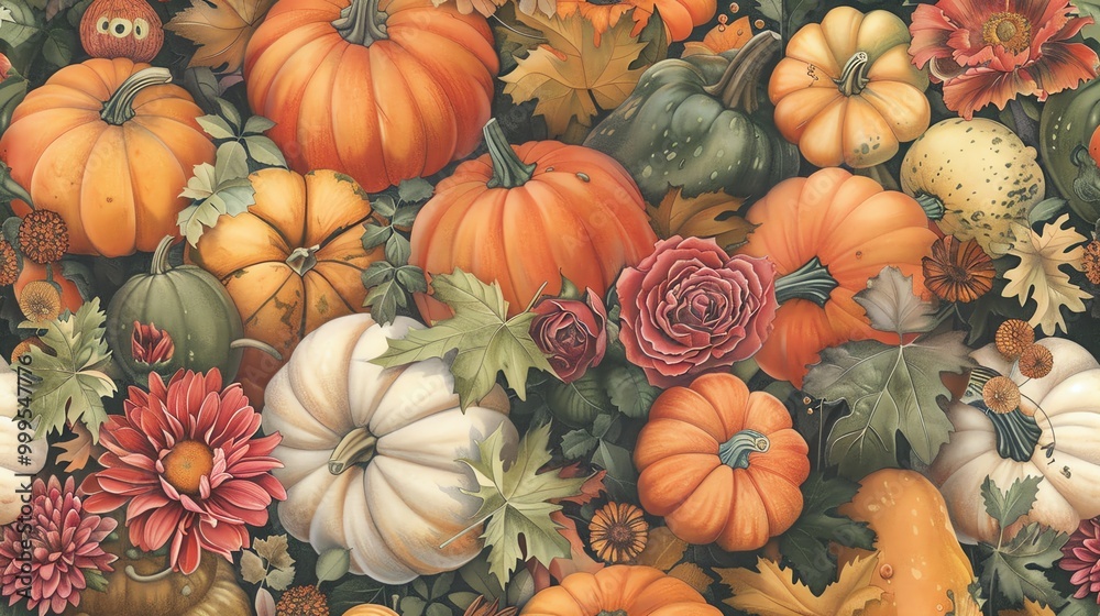 Autumnal abundance: A vibrant array of pumpkins, gourds, and flowers in various shades of orange, showcasing the bounty of the fall harvest Autumnal abundance: A vibrant array of pumpkins, gourds, and flowers in various shades of orange, showcasing the bounty of the fall harvest