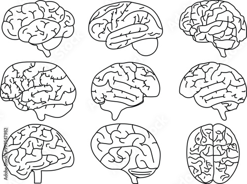 Hand Drawn human brain Doddle icon set. Thin line art Editable Stroke icon set.