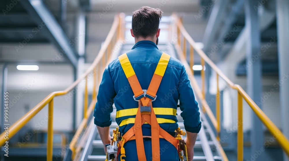 Fototapeta premium Technician Wear seat belts Safety harness Going up the stairs fixed ladder Working on a high ground In industrial plants prevent Fall from a height Wear protective equipment With space to enter text