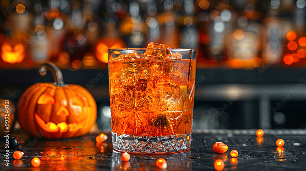 Festive Pumpkin Cocktails with Pumpkins on a Bar Counter for Halloween Glowing Background 