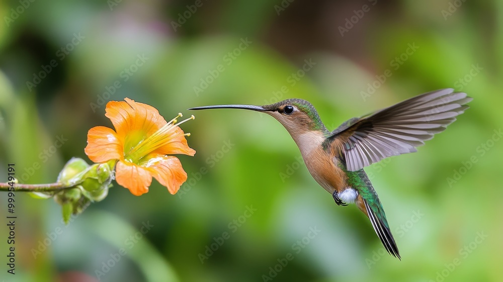 Fototapeta premium Hummingbird Long-tailed Sylph Aglaiocercus kingi with orange flower in flight. Hummingbird from Colombia in the bloom flower wildlife from tropic jungle.