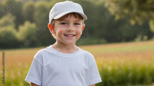 Little boy wearing white t-shirt and white baseball cap standing in nature