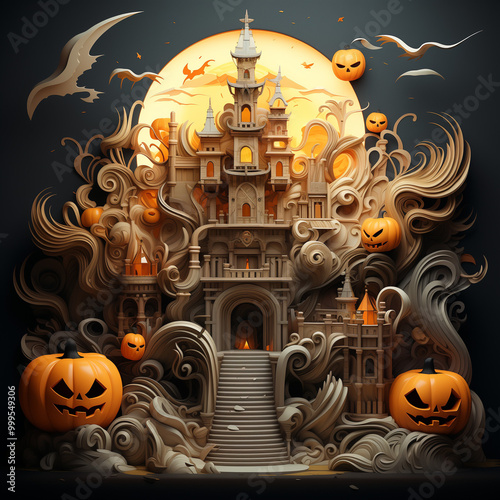 Halloween carved pumpkin monster illustration, ghosts, candle real colors, dark clouds, blood stream, ghosts, spooky, many houses, many ancient buildings, many palaces, multi dimensional paper quillin photo