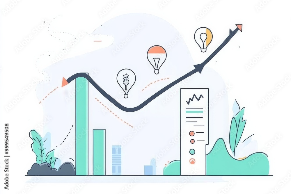 inforgraphic about cartoon road map of business, company revenue growth. Color tone are blue, light blue, grren, white. Minimalistic style.