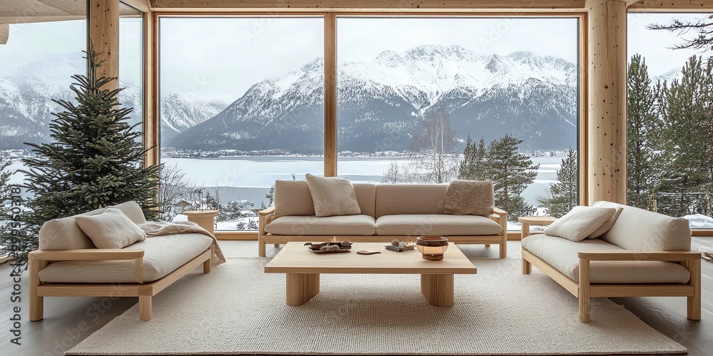 Modern living room with three beige sofas and a wooden coffee table in front of large windows with a snow covered mountain view. Modern living room with three beige sofas and a wooden coffee table in front of large windows with a snow covered mountain view.