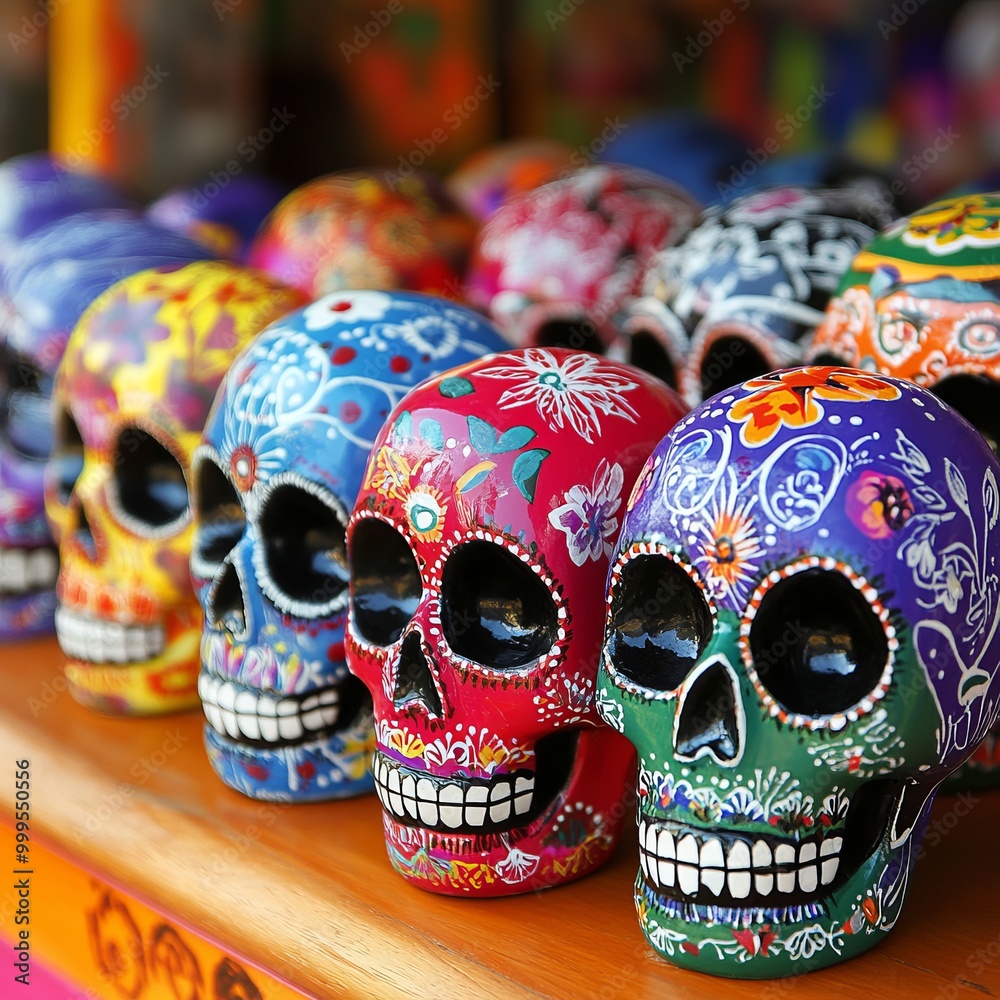National Skulls During Day of the Dead in Mexico, Colorful Skulls Generated by AI National Skulls During Day of the Dead in Mexico, Colorful Skulls Generated by AI