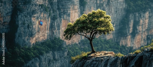 Solitary Tree on Rocky Cliff with Majestic Mountain Background in Serene Natural Landscape photo