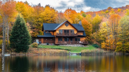 Vermont Lake House During Beautiful Fall Foliage Season