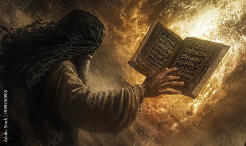 Man reading ancient book with golden light. photo