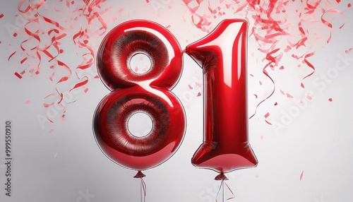 Red birthday / anniversary balloon, number 81, white background with confetti photo