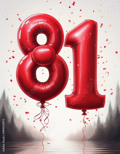 Red birthday / anniversary balloon, number 81, white background with confetti photo