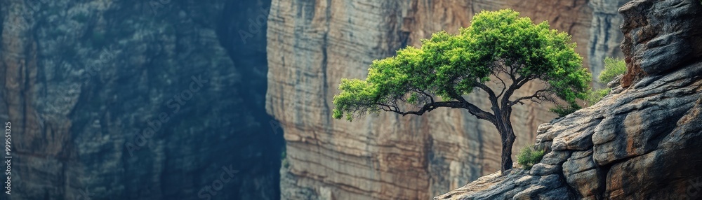 Lone Tree on Rocky Cliff Edge with Majestic Canyon Background in Daylight Lone Tree on Rocky Cliff Edge with Majestic Canyon Background in Daylight