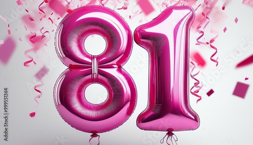 Pink birthday / anniversary balloon, number 81, white background with confetti photo