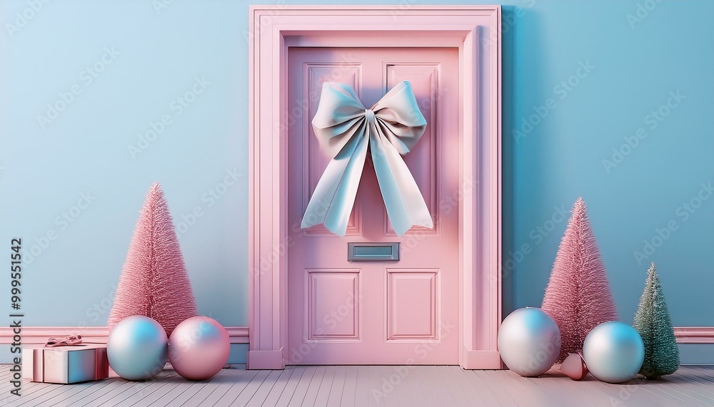 beautiful blue door with big ribbon and spheres, pastel colors, holidays beautiful blue door with big ribbon and spheres, pastel colors, holidays