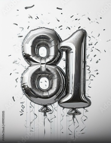 Silver birthday / anniversary balloon, number 81, white background with confetti photo