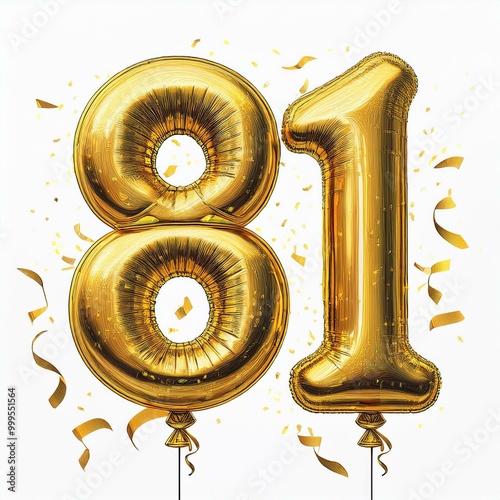 Gold birthday / anniversary balloon, number 81, white background with confetti photo