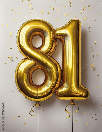 Gold birthday / anniversary balloon, number 81, white background with confetti photo