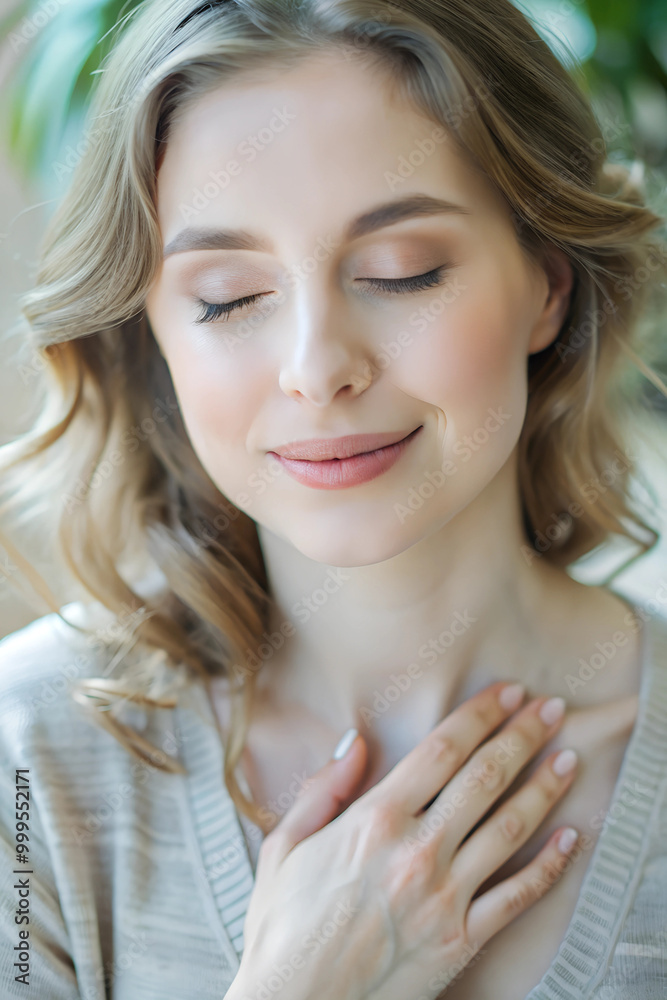A woman in her late 20s, with her eyes closed and a soft, content smile on her lips A woman in her late 20s, with her eyes closed and a soft, content smile on her lips
