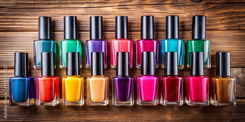 An eye-catching collection of colorful nail polishes artfully arranged on an elegant wooden backdrop, designed for An eye-catching collection of colorful nail polishes artfully arranged on an elegant wooden backdrop, designed for